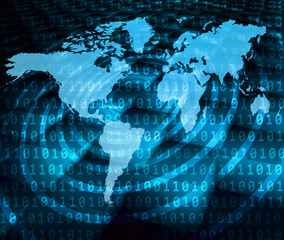 World map on a technological background, glowing lines symbols of the Internet, radio, television, mobile and satellite communications