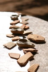 Ancient pottery original pieces and oil lamp replicas at the Ancient Shiloh historical site of Israel