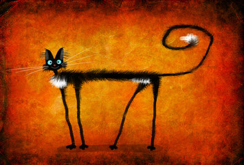 Thin Black Cat on Brown Background