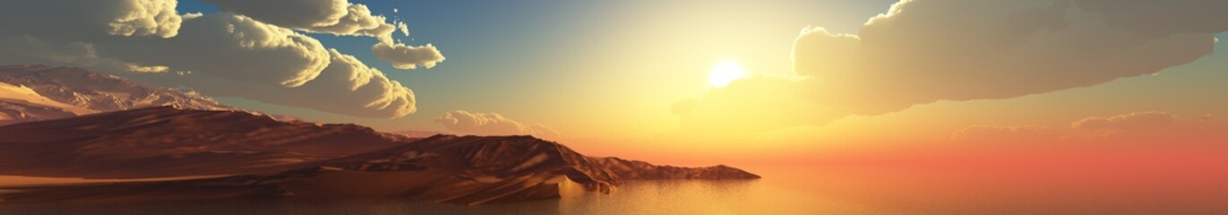 Panorama of sea sunset, mountains and sea