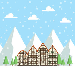 Fototapeta na wymiar Ski resort vector illustration with snowy mountains, winter trees, falling snow, clouds and cute hotels for rest