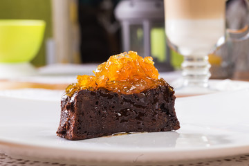 Chocolate cake with orange jam topping