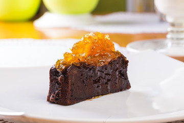 Chocolate cake with orange jam topping