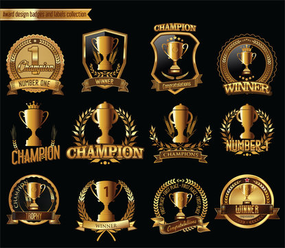 Gold trophy and medal with laurel wreath vector illustration