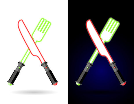 Lightsaber as cutlery. Shiny knife and fork . Accessories for fo