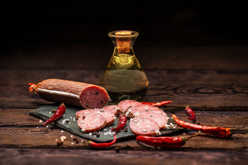Salami on slate cutting board