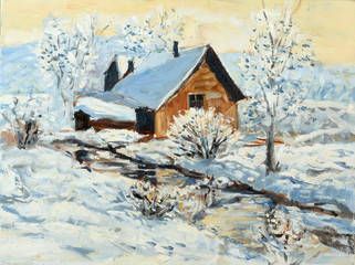 Oil painting of winter landscape