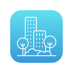 Residential building with trees line icon.