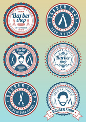Set of barber shop red and blue badges isolated on gradient background. Collection of badges and elements for company logotypes, business identity, print products, page and web decor or other design.