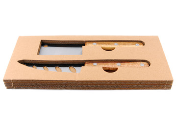 cheese knife set in box isolated on white