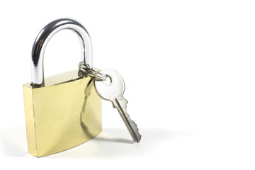 Locked Padlock And Key Isolated On White Background