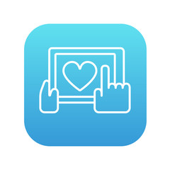 Hands holding tablet with heart sign line icon.
