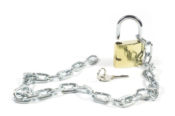 Golden Padlock And Metal Chain Isolated On White Background