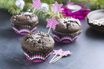 Chocolate Cupcake with Snowflakes in Pink Punnet