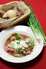 Russian dish okroshka with kvass, egg, parsley, radishes