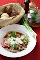 Russian dish okroshka with kvass, egg, parsley, radishes, mushro
