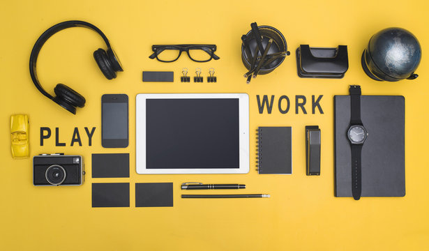 Creative black office supplies hero header on yellow background