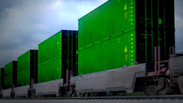 Railway transportation of the green industrial containers. Loopable footage. HD