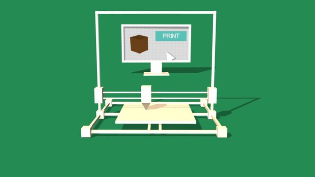 Simple Animation of Printing a plant box with a 3D Printer. Green Background.