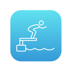Swimmer jumping from starting block in pool line icon.