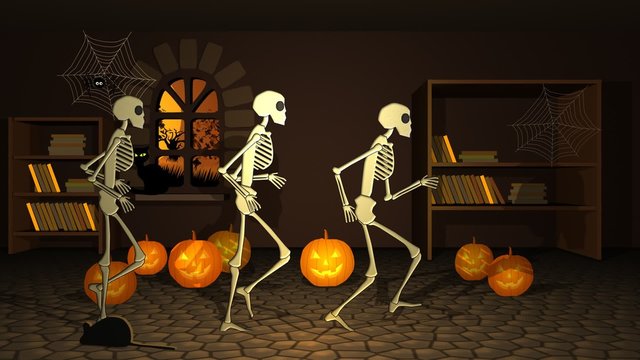 Group of human skeletons walking with pumpkins in a dark, creepy house.