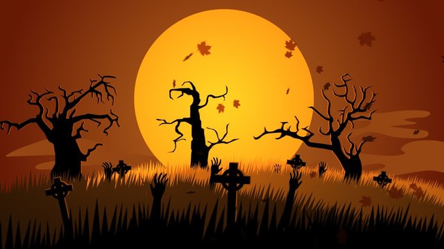 An autumn, scary night on the haunted, mysterious graveyard full of tombstones