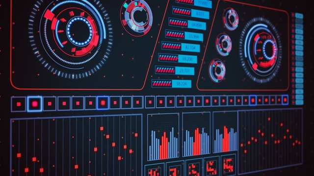 Advanced futuristic graphic interface. Displays abstract diagrams and charts.