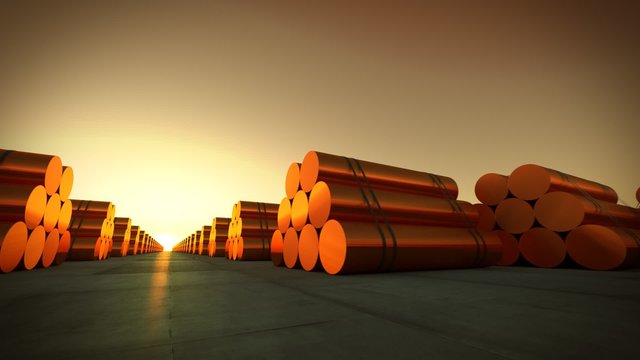 Loopable animation of cylindrical copper billets. Copper in its purest form.