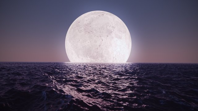 Animation of bright glowy moon reflecting on the dark surface of the calm ocean.