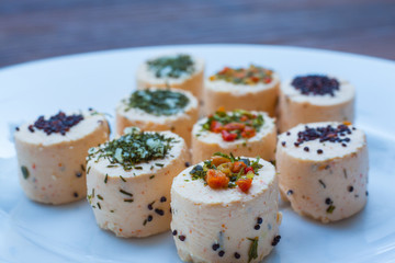 Fresh cheese with salmon, vegetable and herb