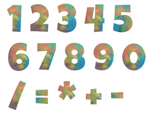 Numbers and arithmetic signs made from powder of colored chalks isolated on white background.