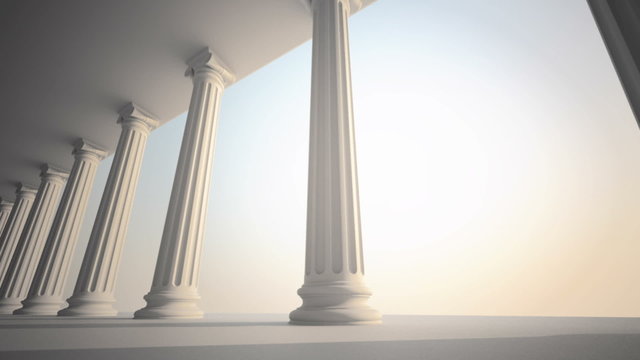 Walk with a right-side view of white classical Greek columns. Loopable HD