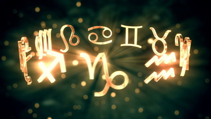 Rotating zodiac signs with pretty reflections on a dark background. Loopable. HD