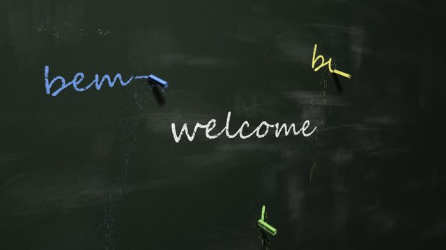 Welcome' in English, German, Russian, French, Spanish, Portugese. Blackboard.