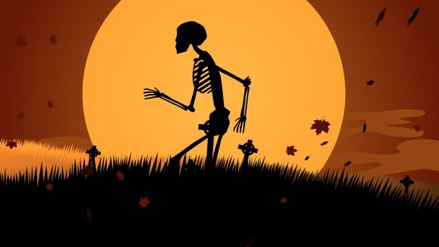 A scary night on the graveyard. The skeletons are walking against the moon.