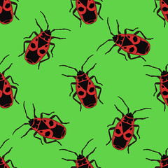 Seamless pattern with bug-soldier or Firebug .    hand-drawn bug-soldier, Firebug . Vector