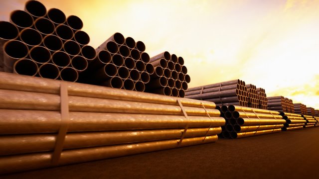 Background CG animation of steel pipes bunches. Tubes building construction