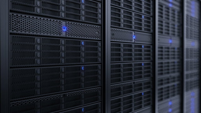 Endless working data servers animation. Blue shining LED lights. Loopable. HD