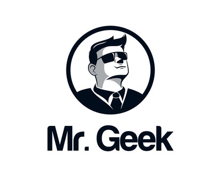 Geek Business Man Logo Design Vector. Face Illustration Vector With Glasses. Hipster Mustache Illustration Vector.