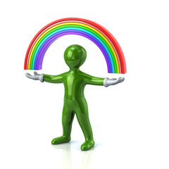 Green cartoon character man and rainbow