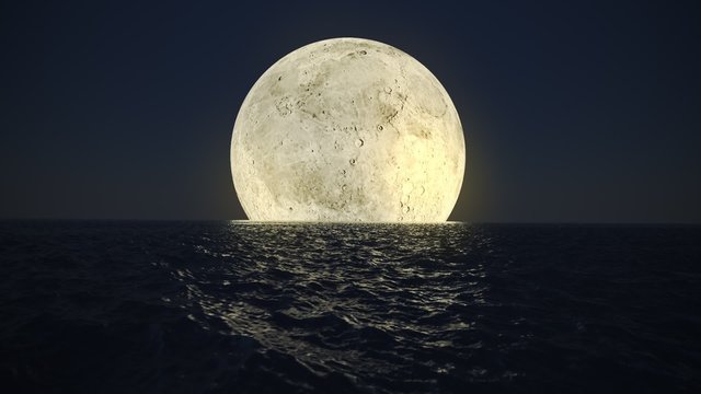 Animation of bright glowy moon reflecting on the dark surface of the calm ocean.