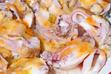 closeup of cooked chicken rolls