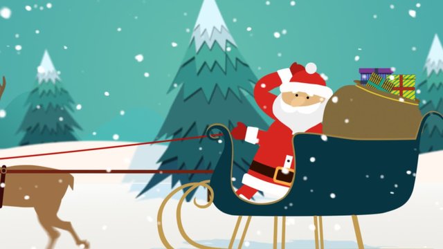 Santa's sleigh riding through the winter landscape with trees covered by snow