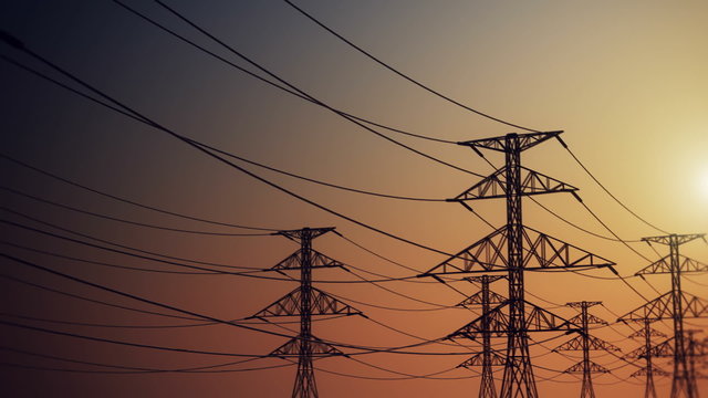 Eelectric powerlines and pylons animation with the setting sun. Loopable. HD
