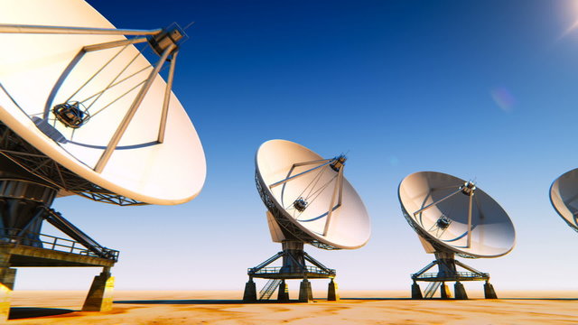 A walk near satellite dishes circular array in infinite space. Loopable. HD