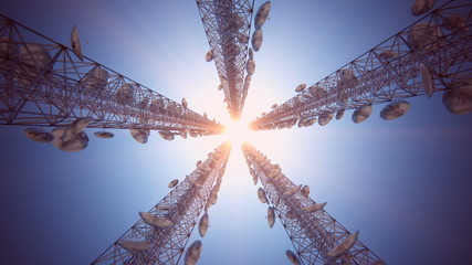 Endless animation of communication tower with uprising camera. Loopable. HD