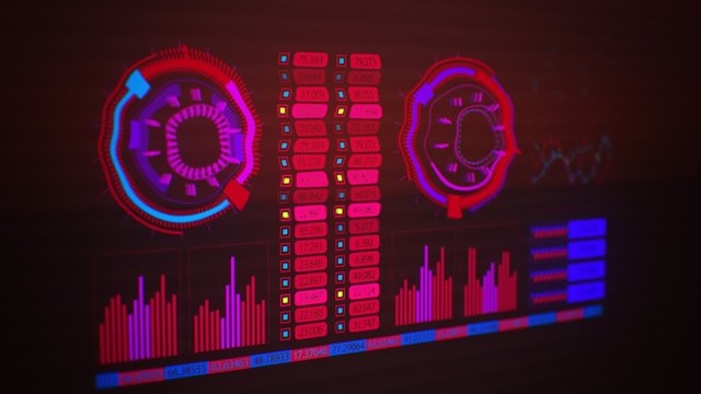 Advanced futuristic graphic interface. Displays abstract diagrams and charts.