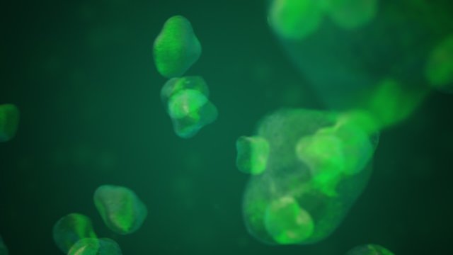 Clusters of generic microbes, bacteria or amoeba floating and causing disease.