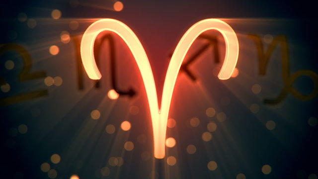 Animation of rotating Aries zodiac sign. Inspiring shining. Loopable. HD