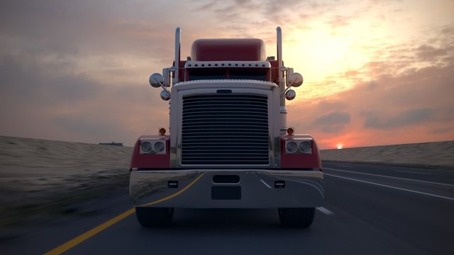 Huge semi-trailer cargo truck riding on the highway. Front view. Loopable. HD